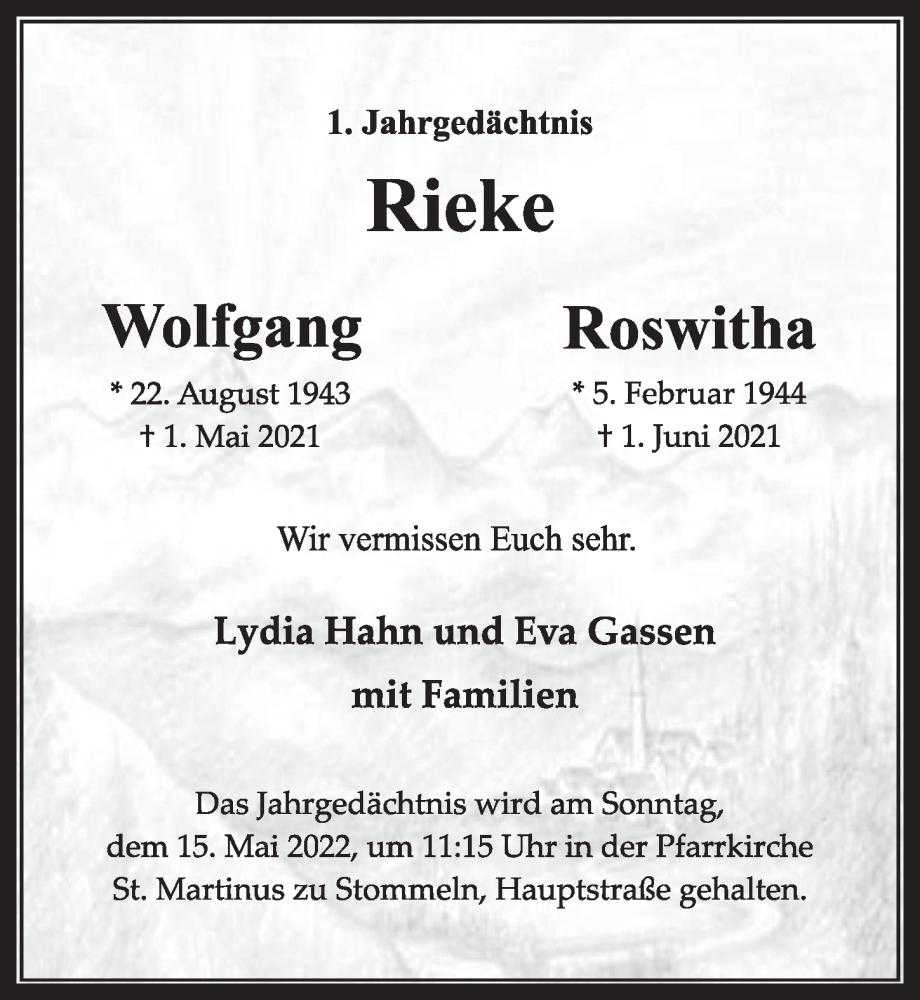  Traueranzeige für Wolfgang Rieke vom 13.05.2022 aus  Wochenende 