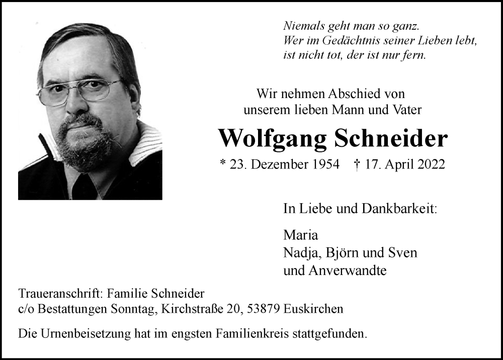  Traueranzeige für Wolfgang Schneider vom 14.05.2022 aus  Blickpunkt Euskirchen 