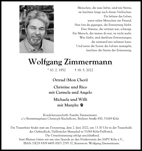 Anzeige von Wolfgang Zimmermann von Kölner Stadt-Anzeiger / Kölnische Rundschau / Express