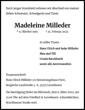Anzeige von Madeleine Milleder von Kölner Stadt-Anzeiger / Kölnische Rundschau / Express