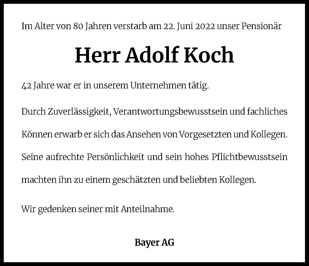  Traueranzeige für Adolf Koch vom 28.06.2022 aus Kölner Stadt-Anzeiger / Kölnische Rundschau / Express