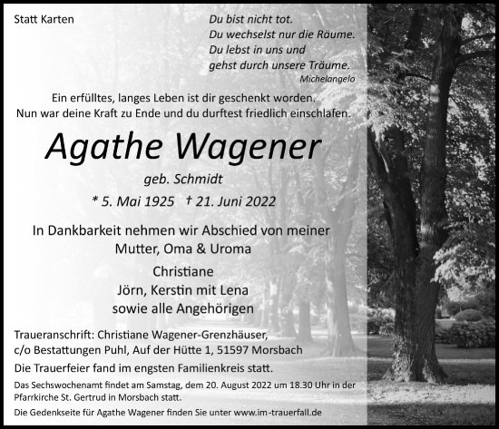 Anzeige von Agathe Wagener von  Lokalanzeiger 