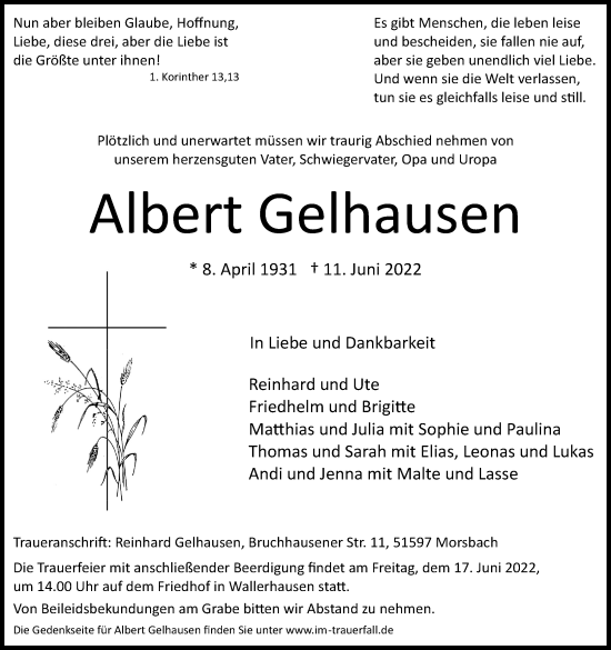 Anzeige von Albert Gelhausen von Kölner Stadt-Anzeiger / Kölnische Rundschau / Express