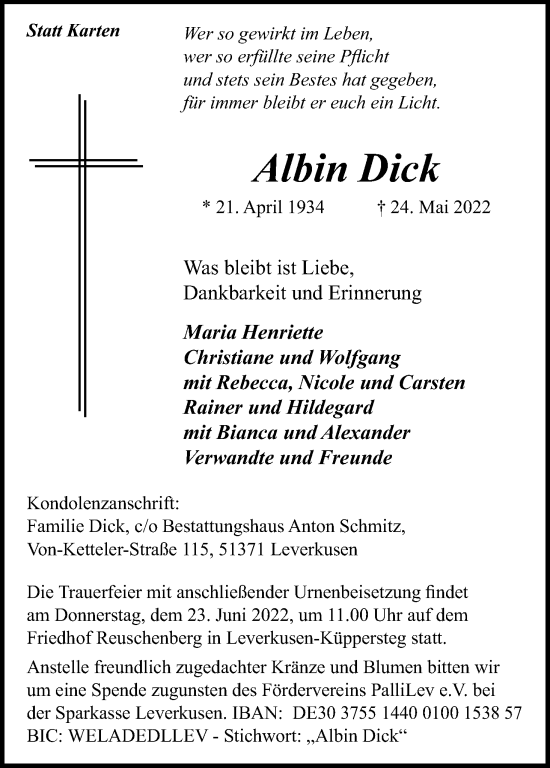 Anzeige von Albin Dick von Kölner Stadt-Anzeiger / Kölnische Rundschau / Express