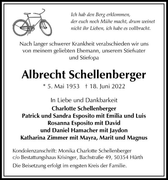 Anzeige von Albrecht Schellenberger von Kölner Stadt-Anzeiger / Kölnische Rundschau / Express