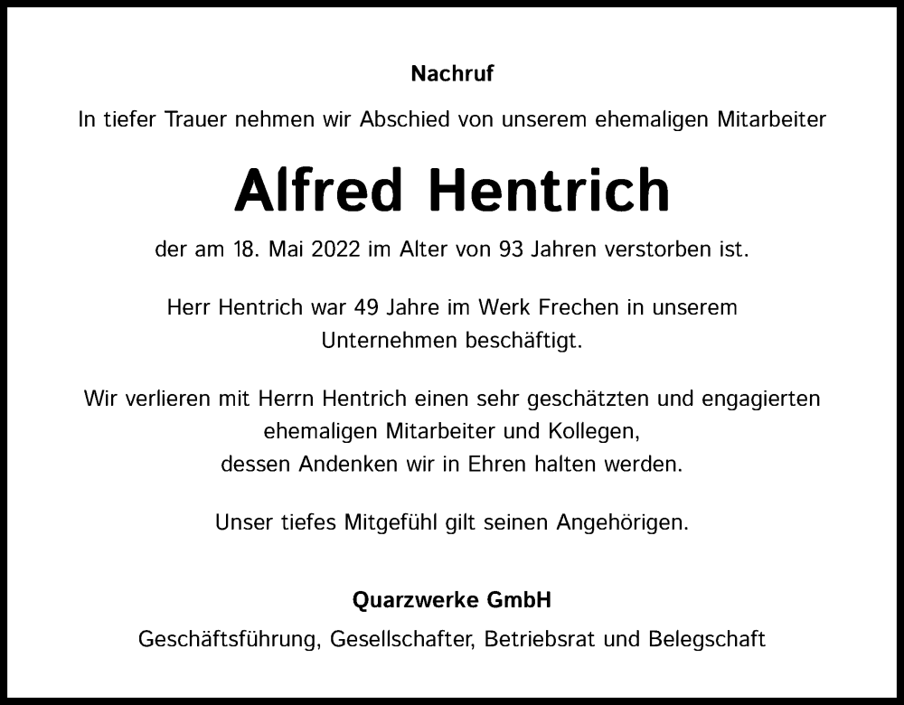  Traueranzeige für Alfred Hentrich vom 04.06.2022 aus Kölner Stadt-Anzeiger / Kölnische Rundschau / Express