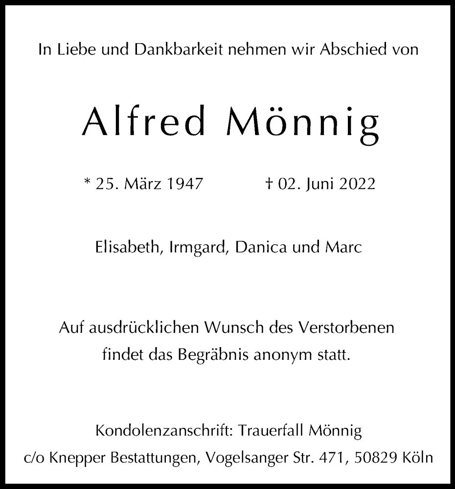  Traueranzeige für Alfred Mönnig vom 11.06.2022 aus Kölner Stadt-Anzeiger / Kölnische Rundschau / Express