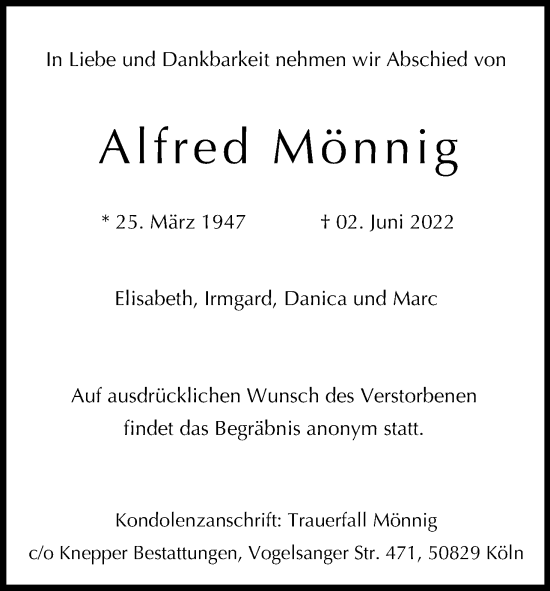 Anzeige von Alfred Mönnig von Kölner Stadt-Anzeiger / Kölnische Rundschau / Express