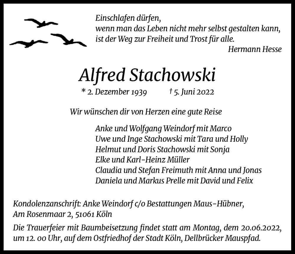  Traueranzeige für Alfred Stachowski vom 11.06.2022 aus Kölner Stadt-Anzeiger / Kölnische Rundschau / Express