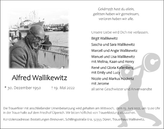 Anzeige von Alfred Wallikewitz von  Blickpunkt Euskirchen 