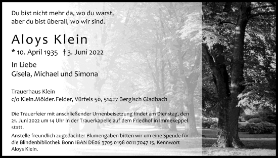 Anzeige von Aloys Klein von Kölner Stadt-Anzeiger / Kölnische Rundschau / Express
