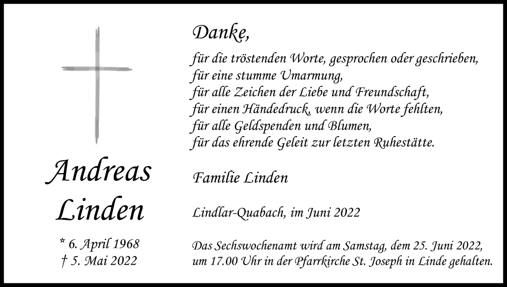  Traueranzeige für Andreas Linden vom 18.06.2022 aus Kölner Stadt-Anzeiger / Kölnische Rundschau / Express