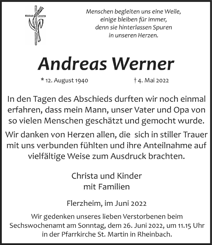  Traueranzeige für Andreas Werner vom 24.06.2022 aus  Schaufenster/Blickpunkt 