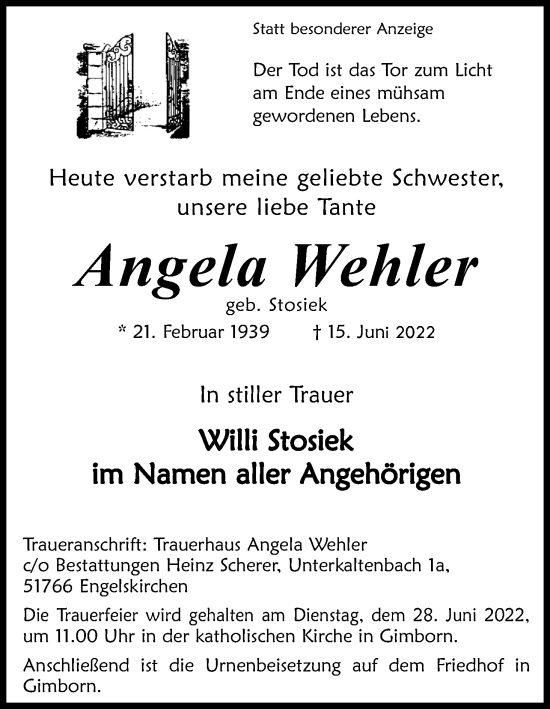 Anzeige von Angela Wehler von Kölner Stadt-Anzeiger / Kölnische Rundschau / Express