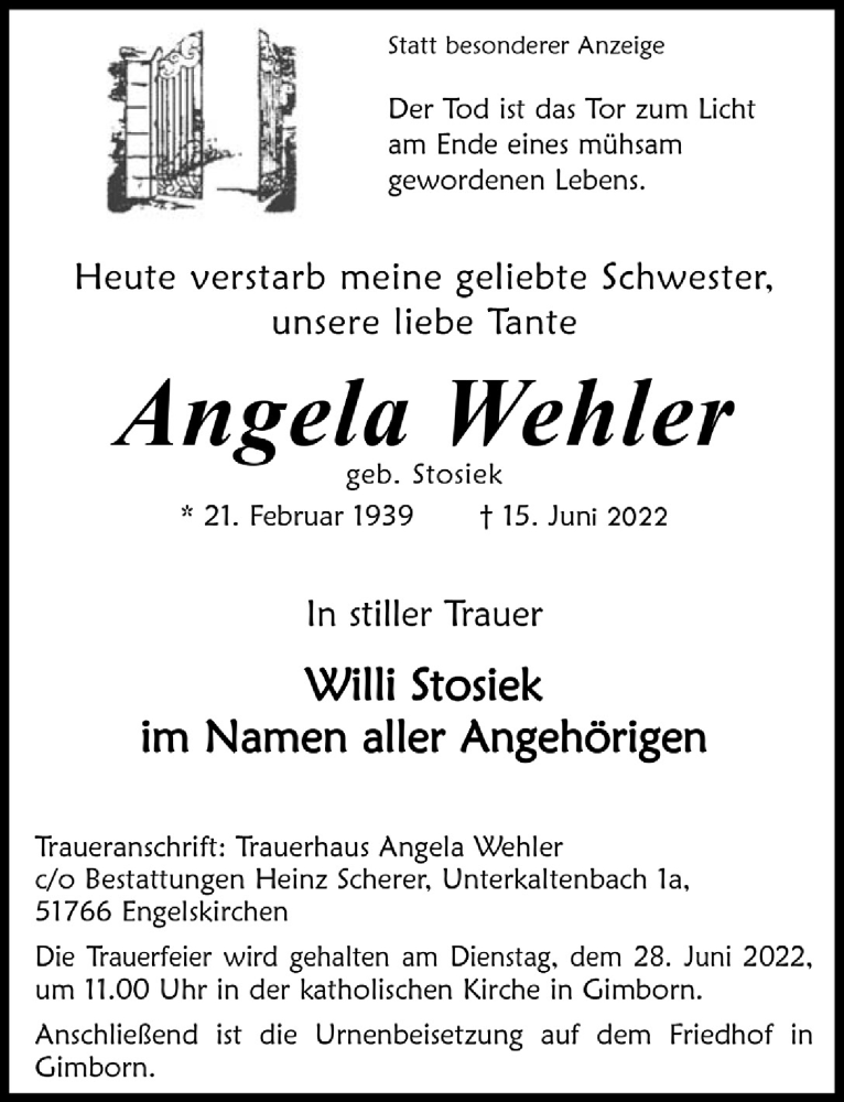  Traueranzeige für Angela Wehler vom 24.06.2022 aus  Anzeigen Echo 