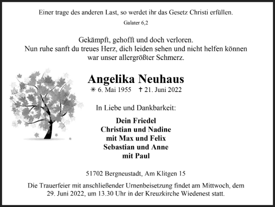 Anzeige von Angelika Neuhaus von  Anzeigen Echo 