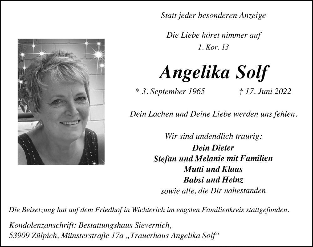  Traueranzeige für Angelika Solf vom 25.06.2022 aus  Blickpunkt Euskirchen 
