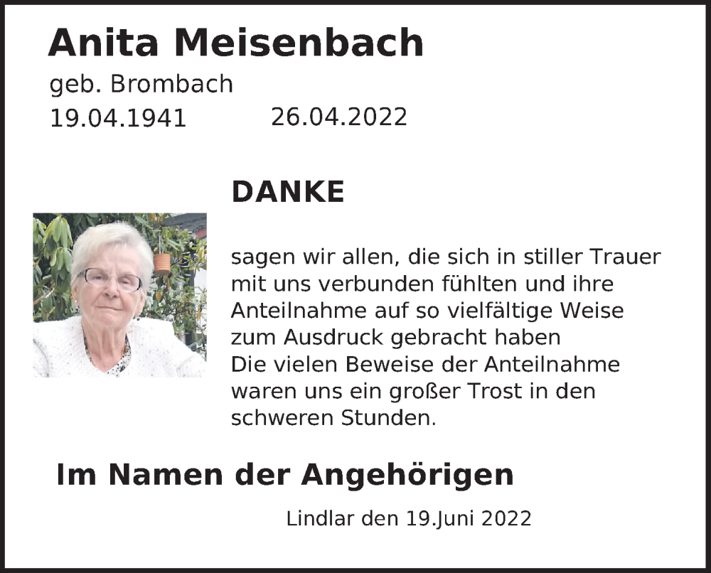  Traueranzeige für Anita Meisenbach vom 21.06.2022 aus Kölner Stadt-Anzeiger / Kölnische Rundschau / Express