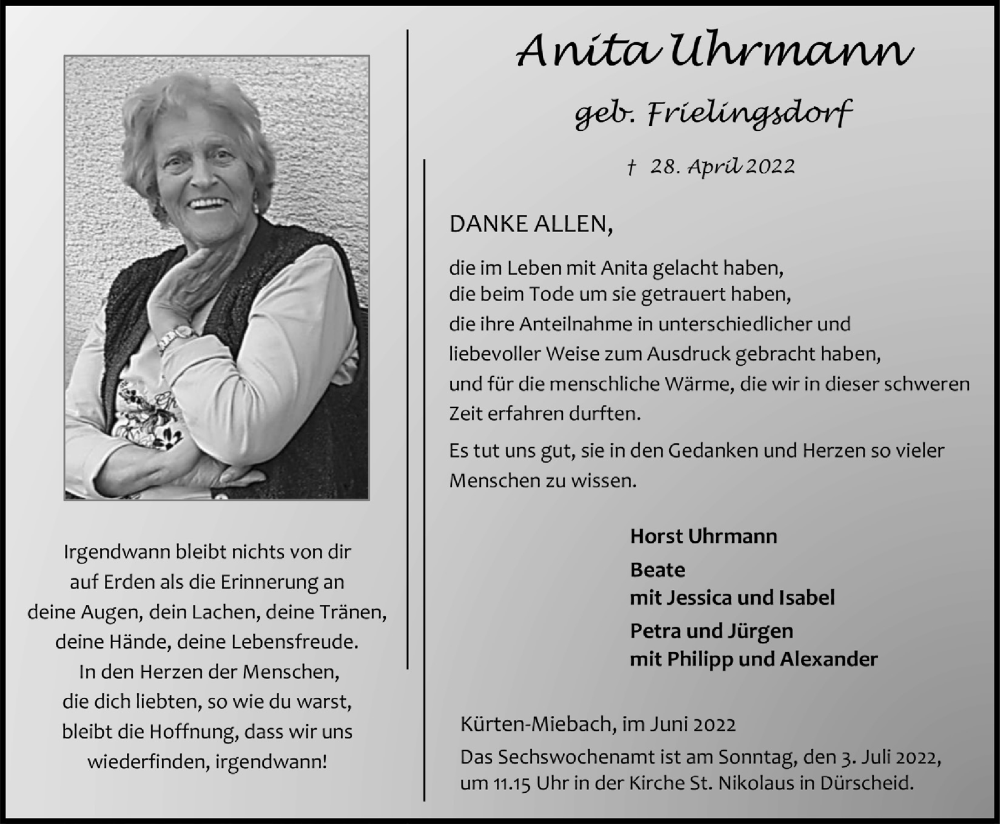  Traueranzeige für Anita Uhrmann vom 24.06.2022 aus  Bergisches Handelsblatt 