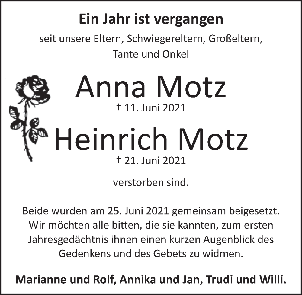  Traueranzeige für Anna Motz vom 17.06.2022 aus  Wochenende 