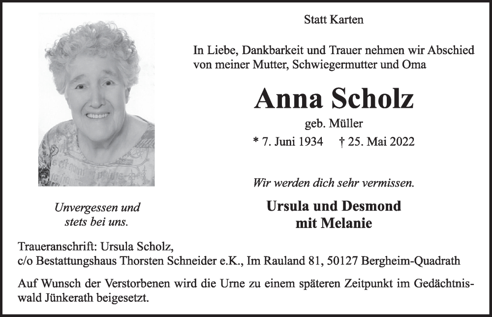  Traueranzeige für Anna Scholz vom 03.06.2022 aus  Werbepost 