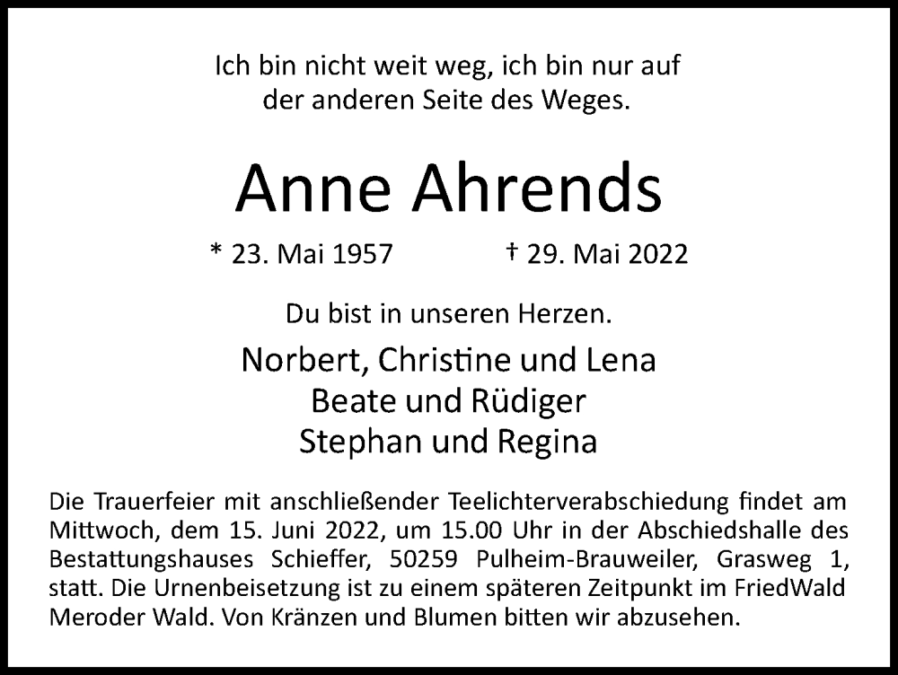  Traueranzeige für Anne Ahrends vom 04.06.2022 aus Kölner Stadt-Anzeiger / Kölnische Rundschau / Express
