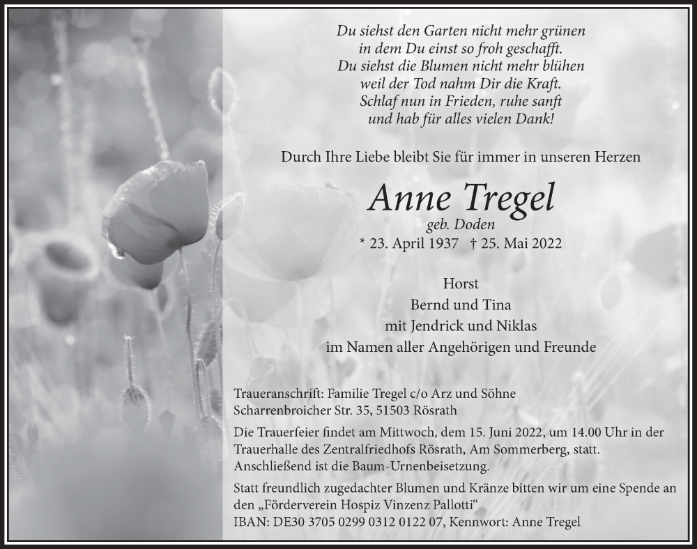  Traueranzeige für Anne Tregel vom 10.06.2022 aus  Bergisches Handelsblatt 
