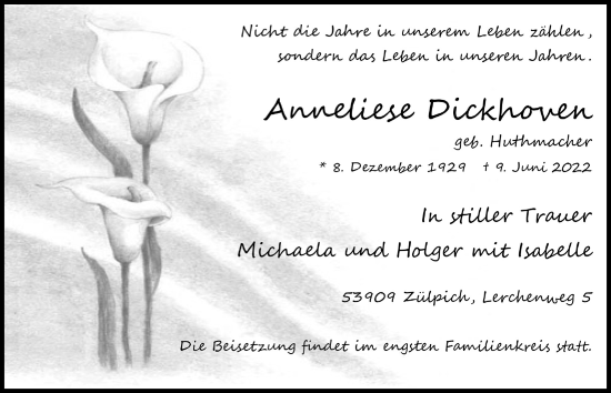 Anzeige von Anneliese Dickhoven von  Blickpunkt Euskirchen 