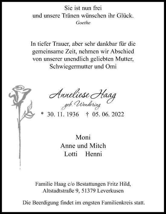 Anzeige von Anneliese Haag von Kölner Stadt-Anzeiger / Kölnische Rundschau / Express