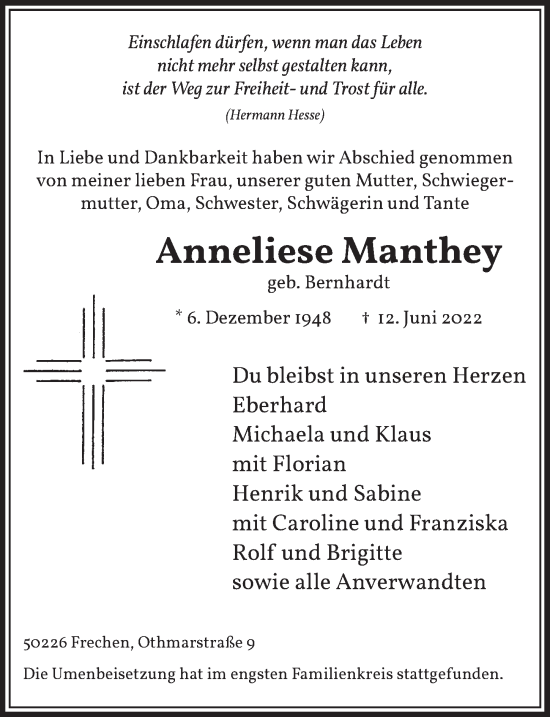Anzeige von Anneliese Manthey von  Wochenende 