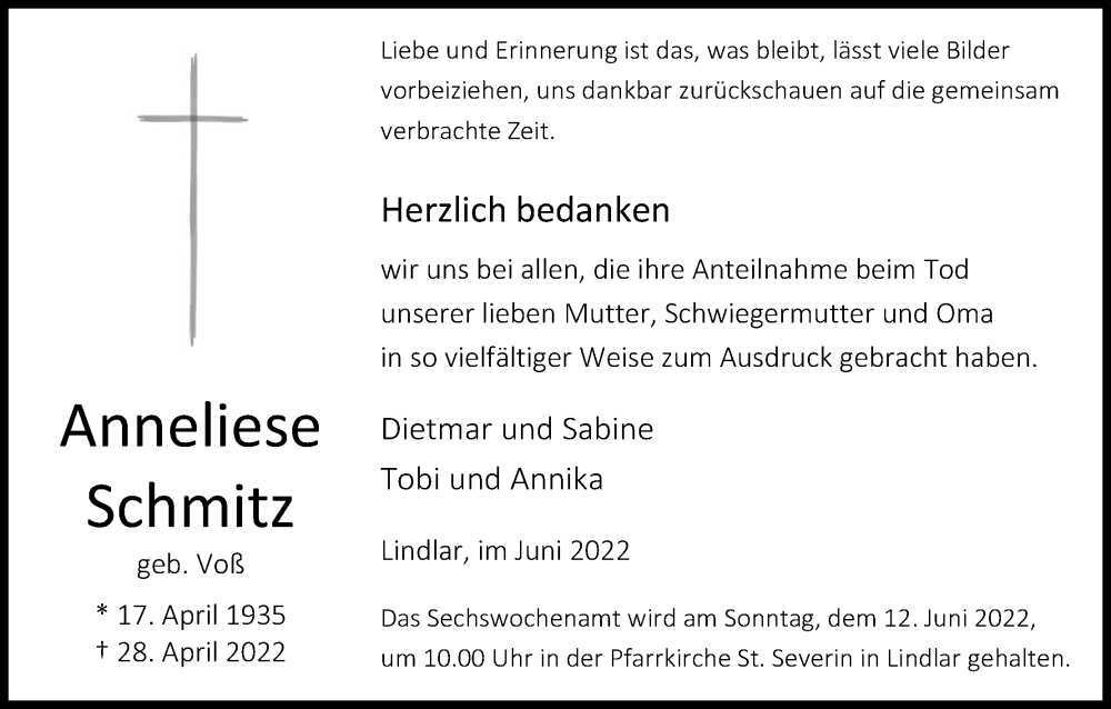  Traueranzeige für Anneliese Schmitz vom 04.06.2022 aus Kölner Stadt-Anzeiger / Kölnische Rundschau / Express