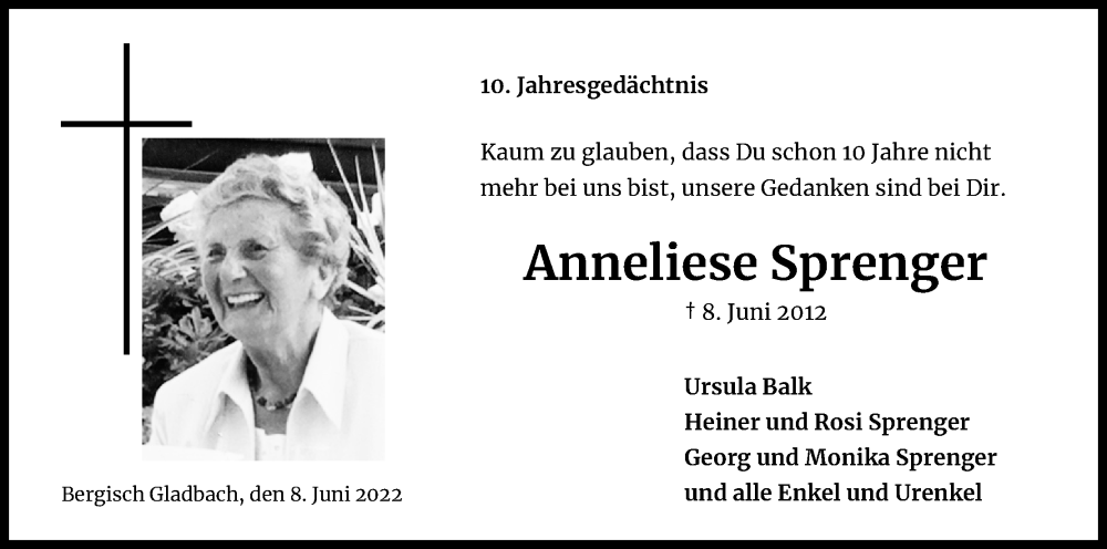  Traueranzeige für Anneliese Sprenger vom 11.06.2022 aus Kölner Stadt-Anzeiger / Kölnische Rundschau / Express