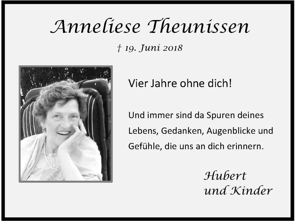  Traueranzeige für Anneliese Theunissen vom 18.06.2022 aus Kölner Stadt-Anzeiger / Kölnische Rundschau / Express