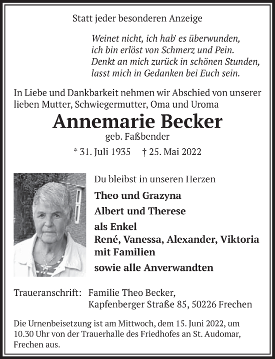 Anzeige von Annemarie Becker von  Wochenende 