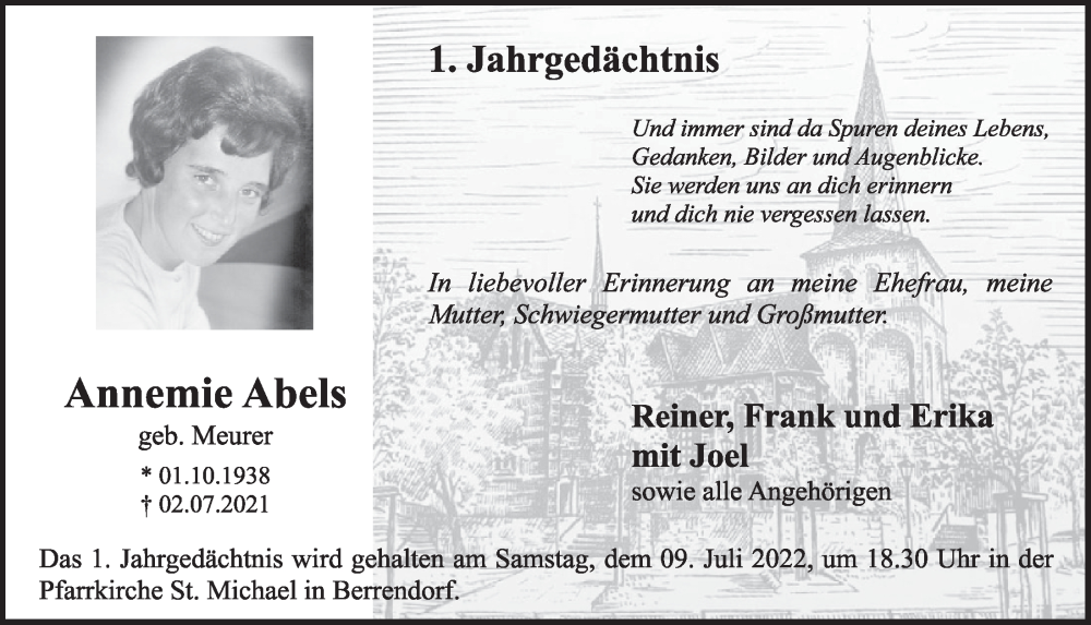  Traueranzeige für Annemie Abels vom 24.06.2022 aus  Werbepost 