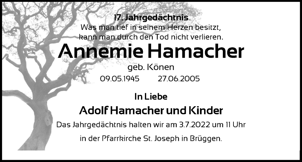  Traueranzeige für Annemie Hamacher vom 18.07.2023 aus Kölner Stadt-Anzeiger / Kölnische Rundschau / Express
