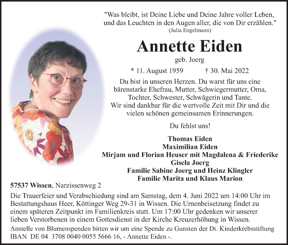  Traueranzeige für Annette Eiden vom 02.06.2022 aus Kölner Stadt-Anzeiger / Kölnische Rundschau / Express