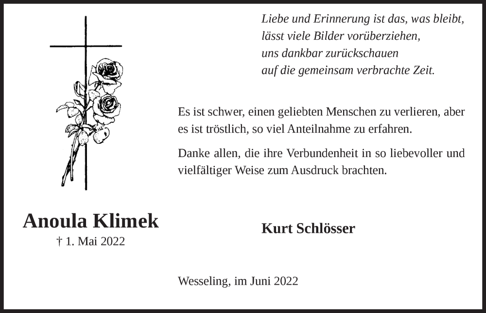  Traueranzeige für Anoula Klimek vom 10.06.2022 aus  Schlossbote/Werbekurier 