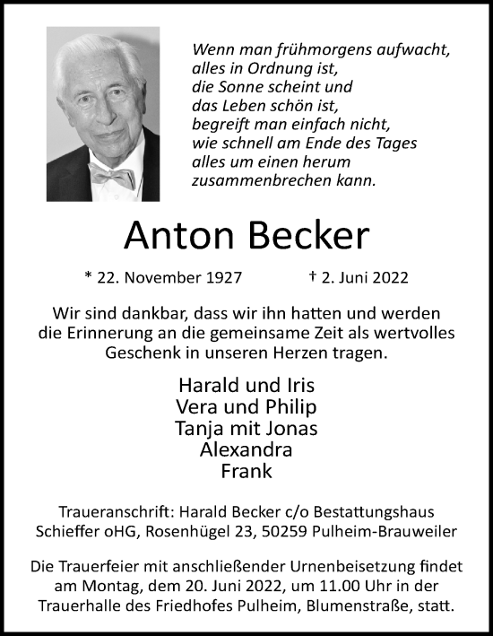 Anzeige von Anton Becker von Kölner Stadt-Anzeiger / Kölnische Rundschau / Express