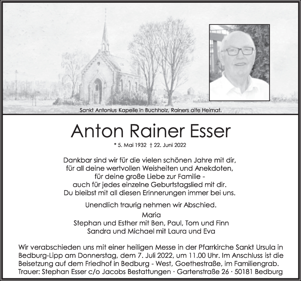  Traueranzeige für Anton Rainer Esser vom 01.07.2022 aus  Wochenende  Werbepost 