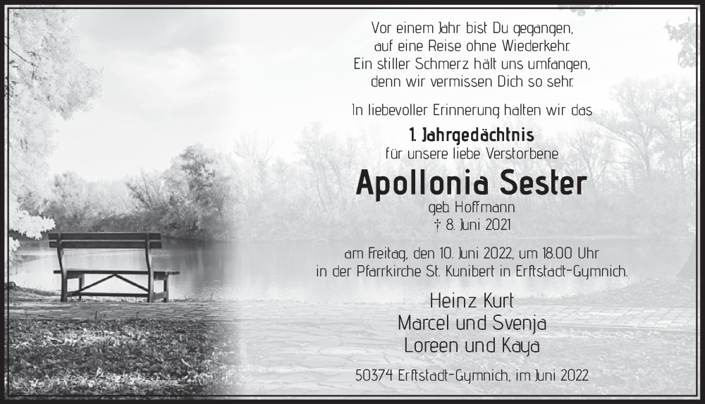  Traueranzeige für Apollonia Sester vom 03.06.2022 aus  Werbepost 