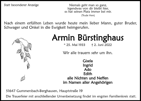 Anzeige von Armin Bürstinghaus von  Anzeigen Echo 