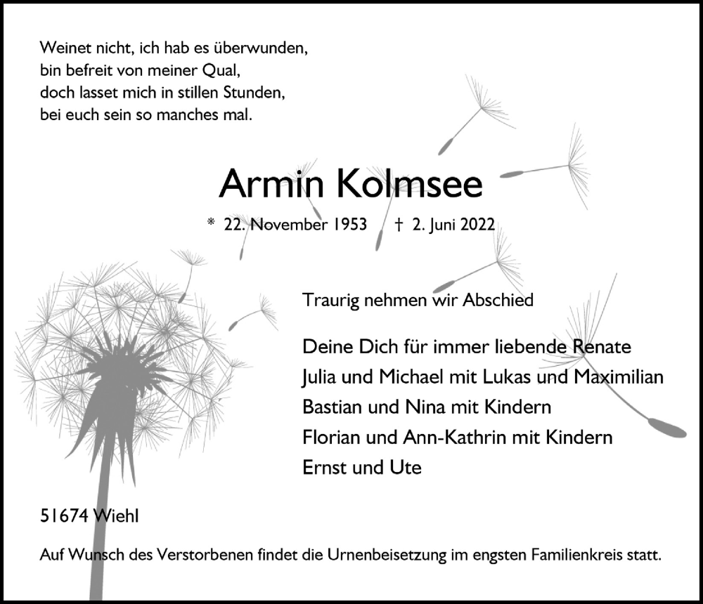  Traueranzeige für Armin Kolmsee vom 17.06.2022 aus  Anzeigen Echo 