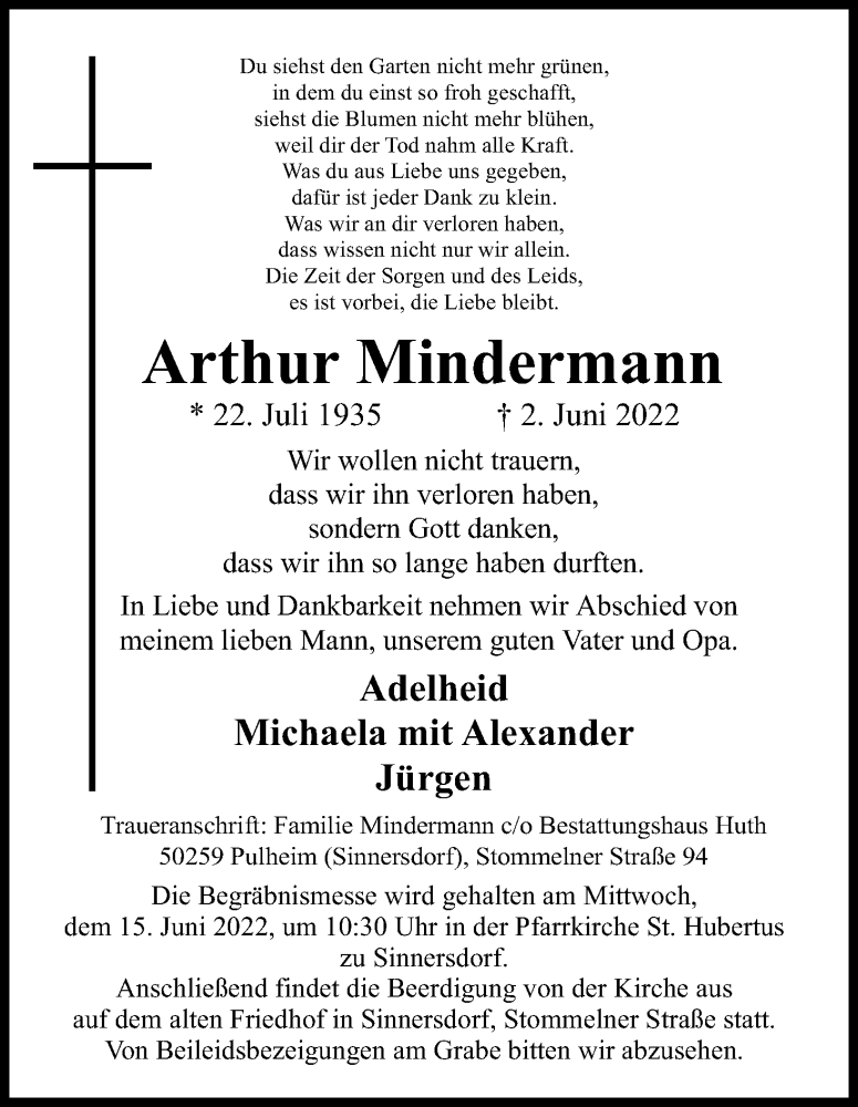  Traueranzeige für Arthur Mindermann vom 11.06.2022 aus Kölner Stadt-Anzeiger / Kölnische Rundschau / Express