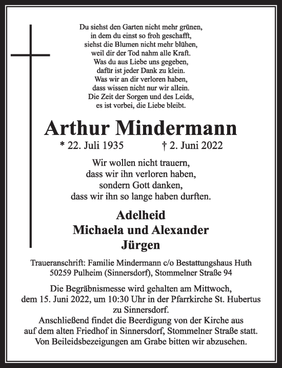 Anzeige von Arthur Mindermann von  Wochenende 