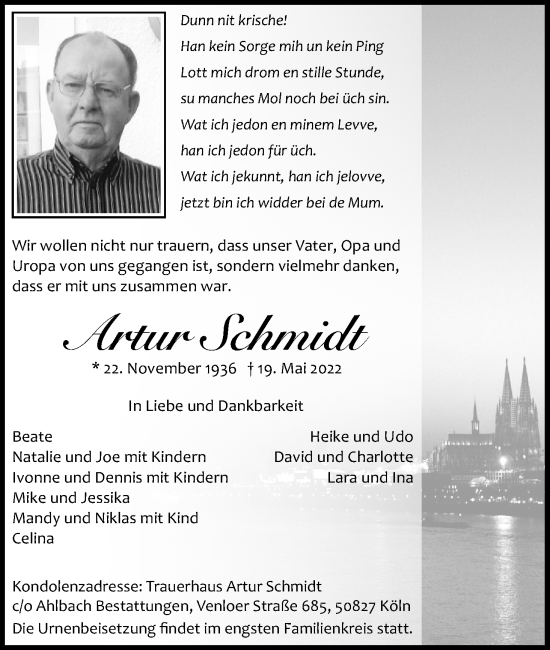 Anzeige von Artur Schmidt von Kölner Stadt-Anzeiger / Kölnische Rundschau / Express