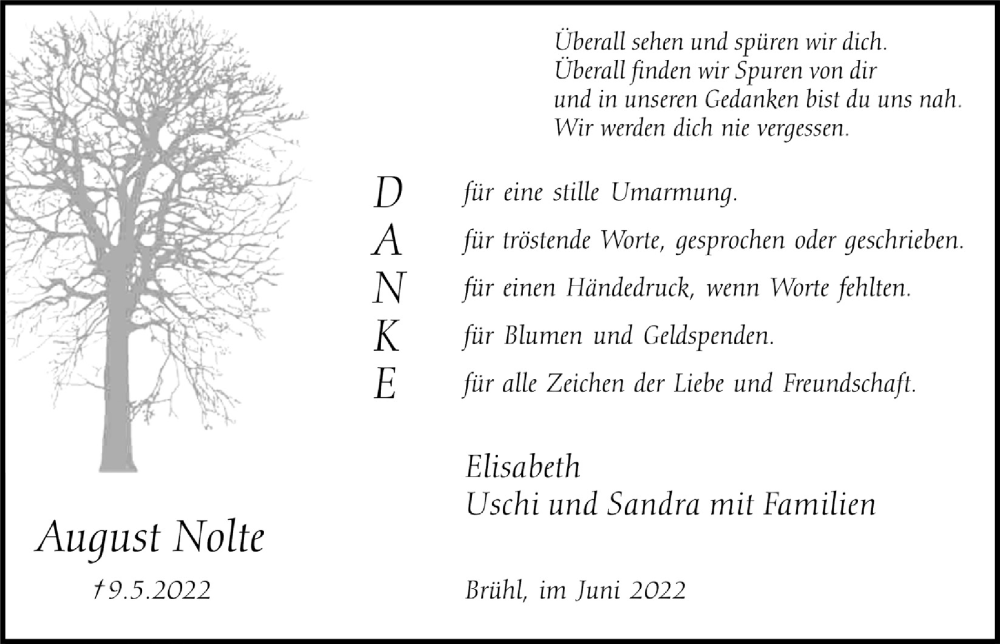  Traueranzeige für August Nolte vom 10.06.2022 aus  Schlossbote/Werbekurier 