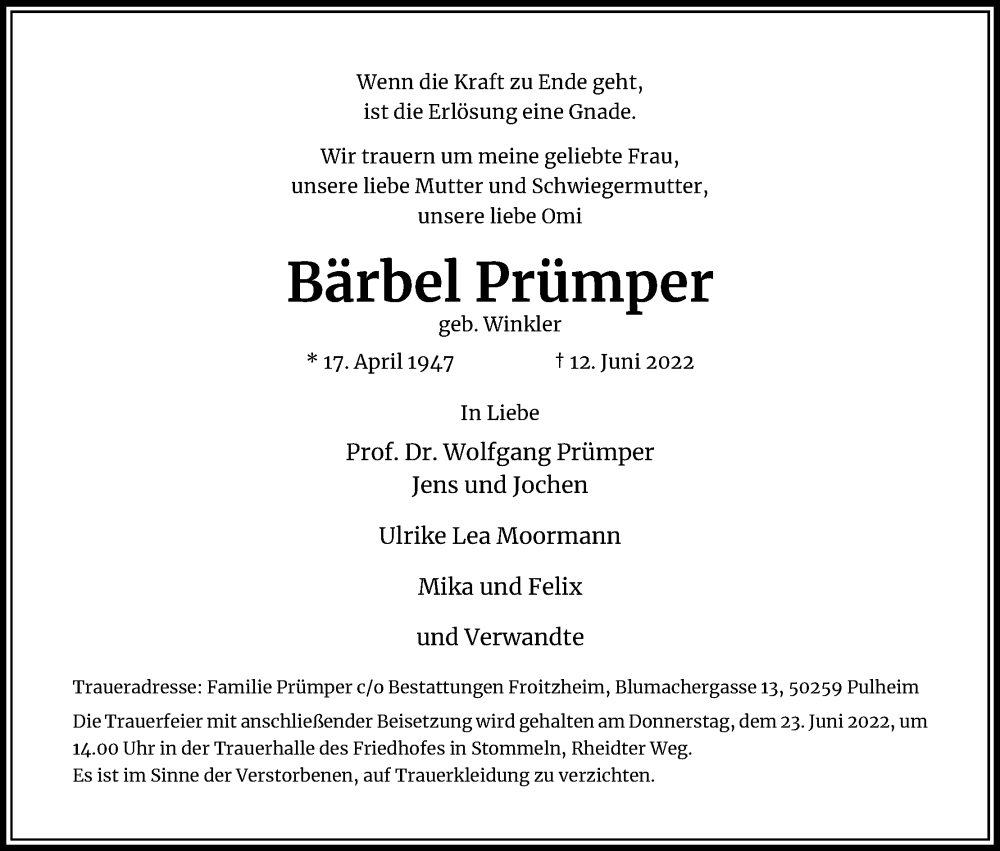  Traueranzeige für Bärbel Prümper vom 18.06.2022 aus Kölner Stadt-Anzeiger / Kölnische Rundschau / Express