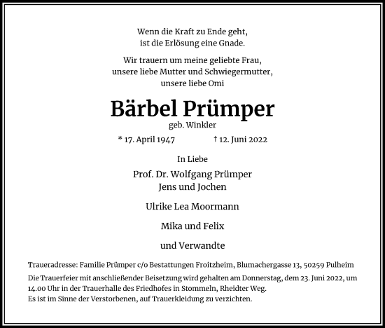 Anzeige von Bärbel Prümper von Kölner Stadt-Anzeiger / Kölnische Rundschau / Express