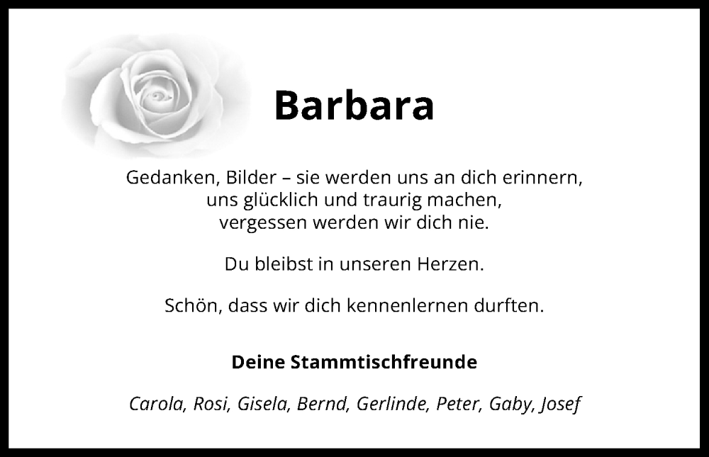  Traueranzeige für Barbara  vom 25.06.2022 aus Kölner Stadt-Anzeiger / Kölnische Rundschau / Express